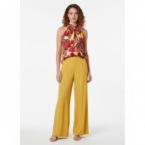 ST JOHN Floral Silk Halter Top Sleeveless Pussybow Blouse Bow Stretch Women Sz S